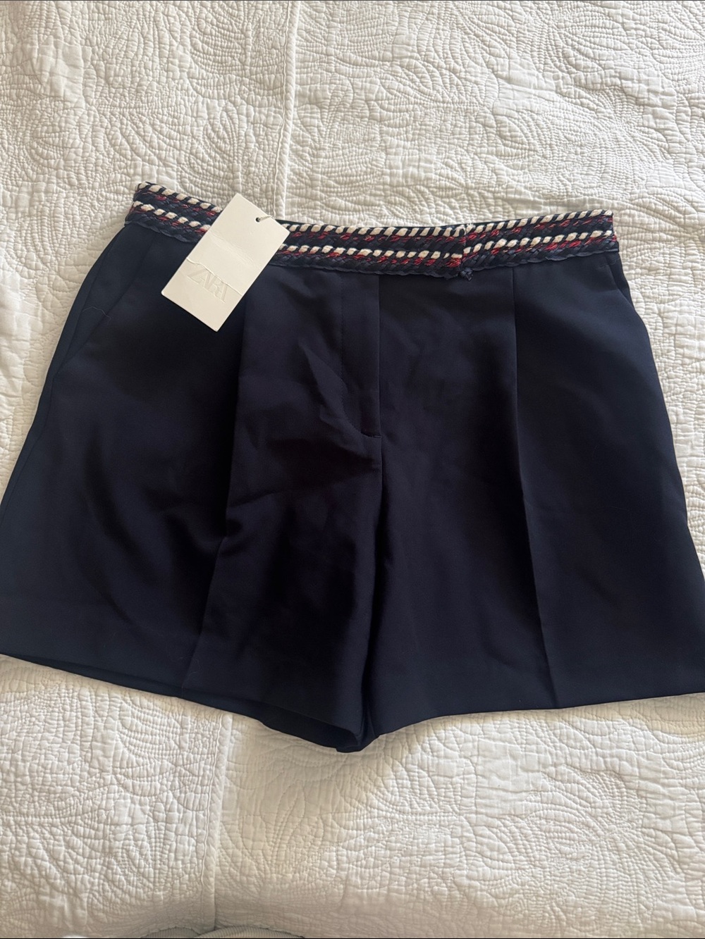 Zara Navy Shorts with Braided Multicolor Waistband